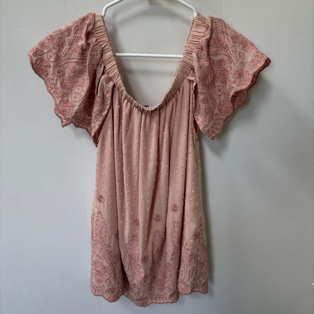 Blue Rain Dusty Rose Embroidered Flutter Sleeve Blouse